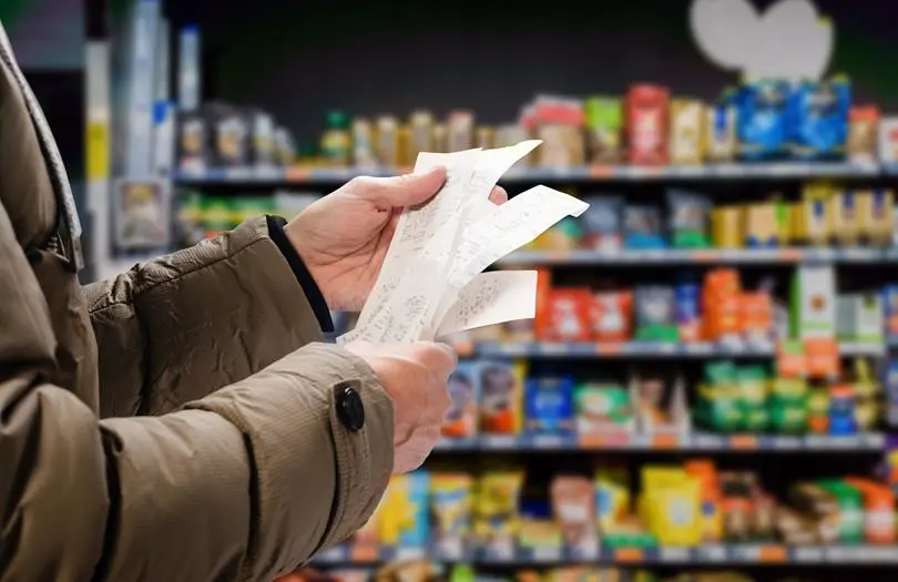 A woman holding a receipt in a supermarket