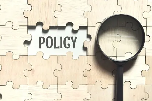 Policy text between jigsaw pieces with magnifying glass next to it 