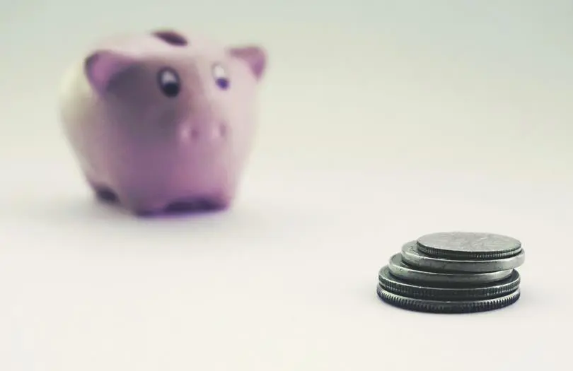 pink piggy bank next to coins