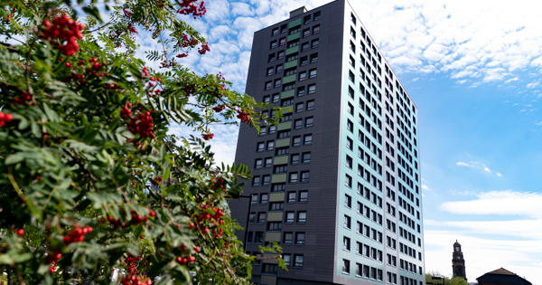 Mottram tower block building from a ground view
