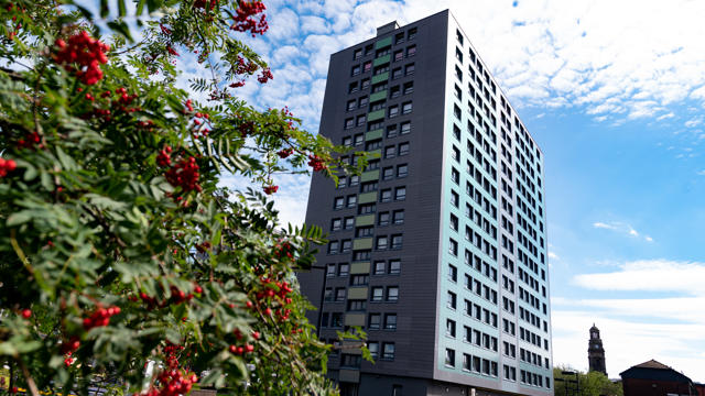 Mottram tower block building from a ground view