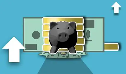 piggy bank and money icons against a blue background