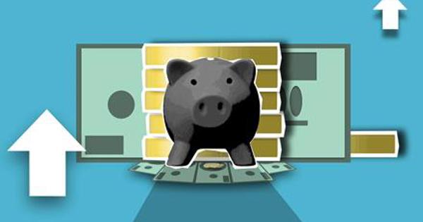 piggy bank and money icons against a blue background