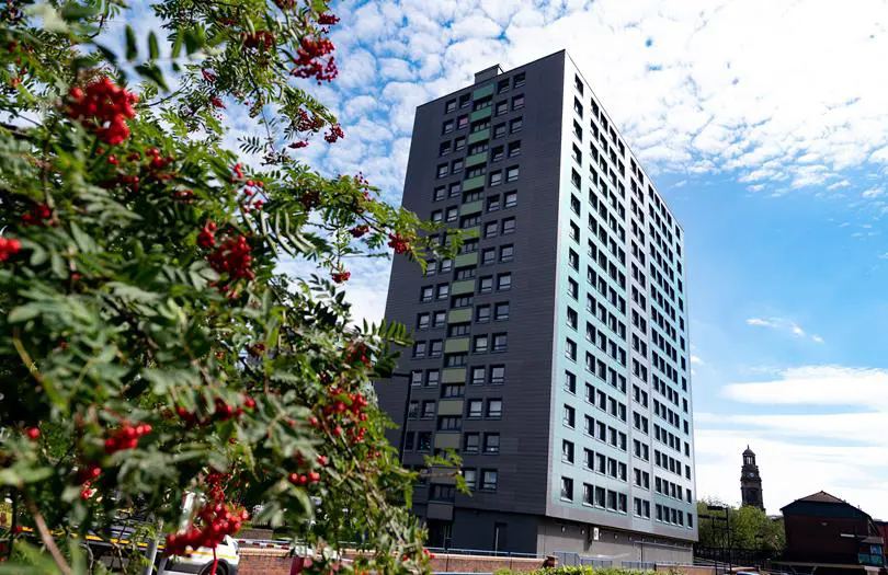 mottram Tower block from below wish tree in foreground